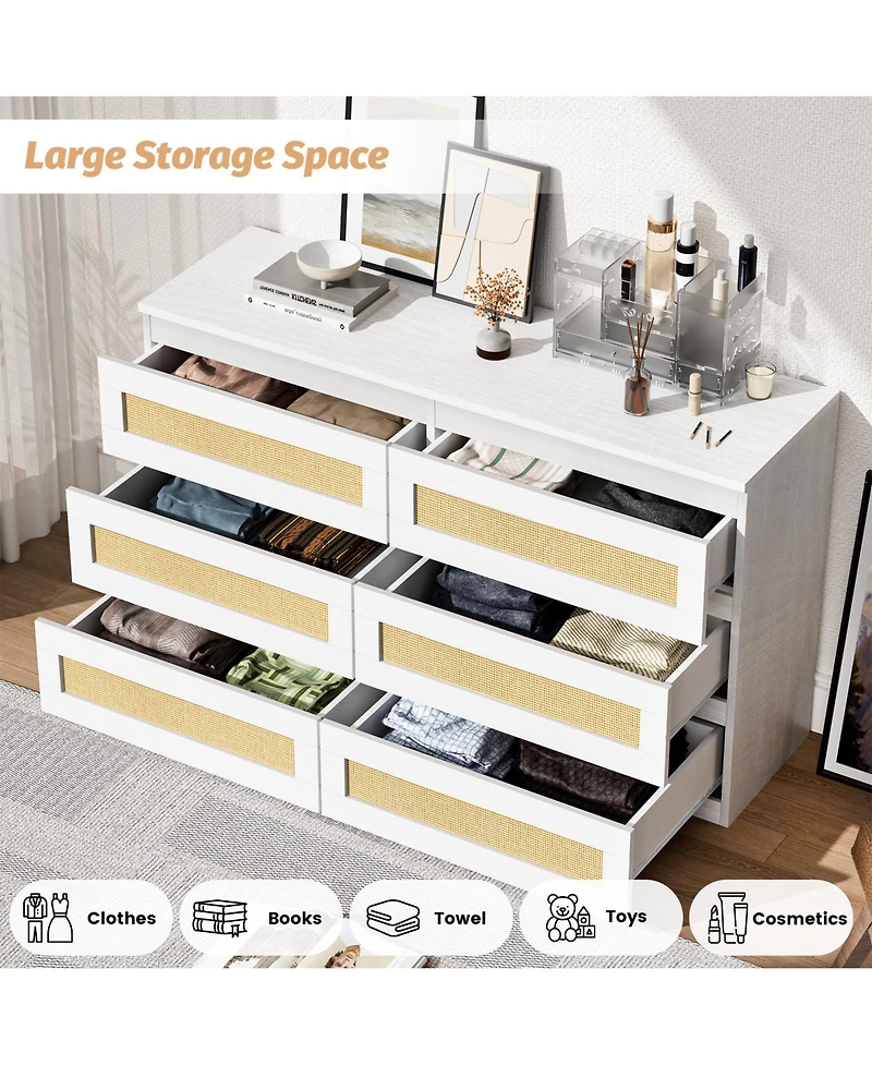 homfan Modern Wide 6 Drawer Rattan Dresser - Spacious Double Chest with Anti-Tip Kit Storage Solution for Bedroom, Living Room, Hallway