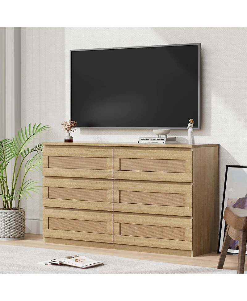 homfan Modern Wide 6 Drawer Rattan Dresser - Spacious Double Chest with Anti-Tip Kit Storage Solution for Bedroom, Living Room, Hallway