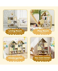 Gymax House-Shaped Kids Bookshelf 4-Tier Toy Storage Organizer with Open Compartments