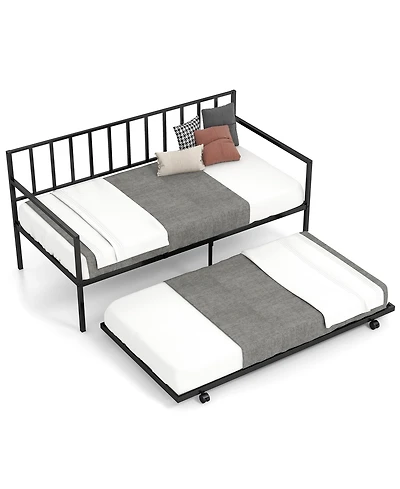 Gymax Twin Metal Daybed Sofa Bed with Trundle and Lockable Casters for Living Room