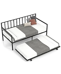 Gymax Twin Metal Daybed Sofa Bed with Trundle and Lockable Casters for Living Room