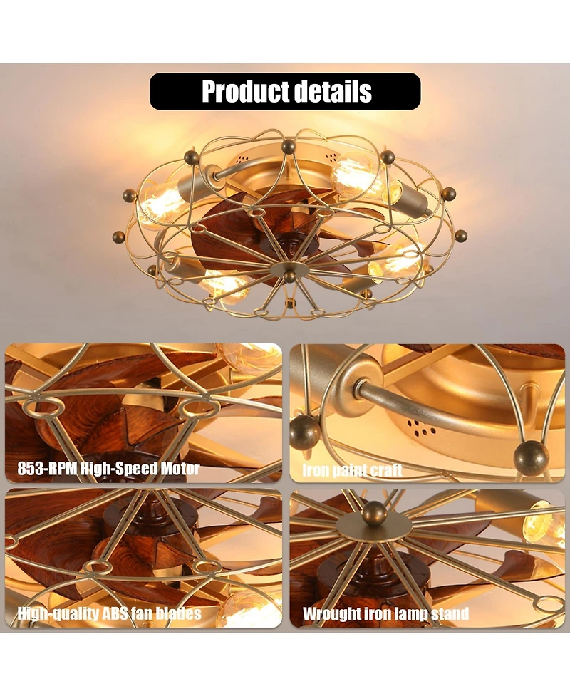 Clihome Low Profile Caged Ceiling Fan, Embedded Industrial Fan with Lights Remote Control