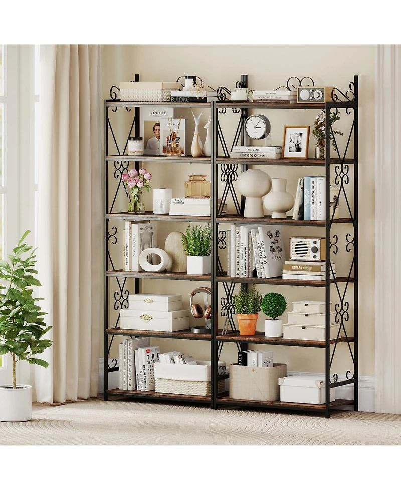 Gymax 2Pieces 6-Tier Bookshelf 71.5'' Industrial Tall Bookcase with Open Shelves for Study