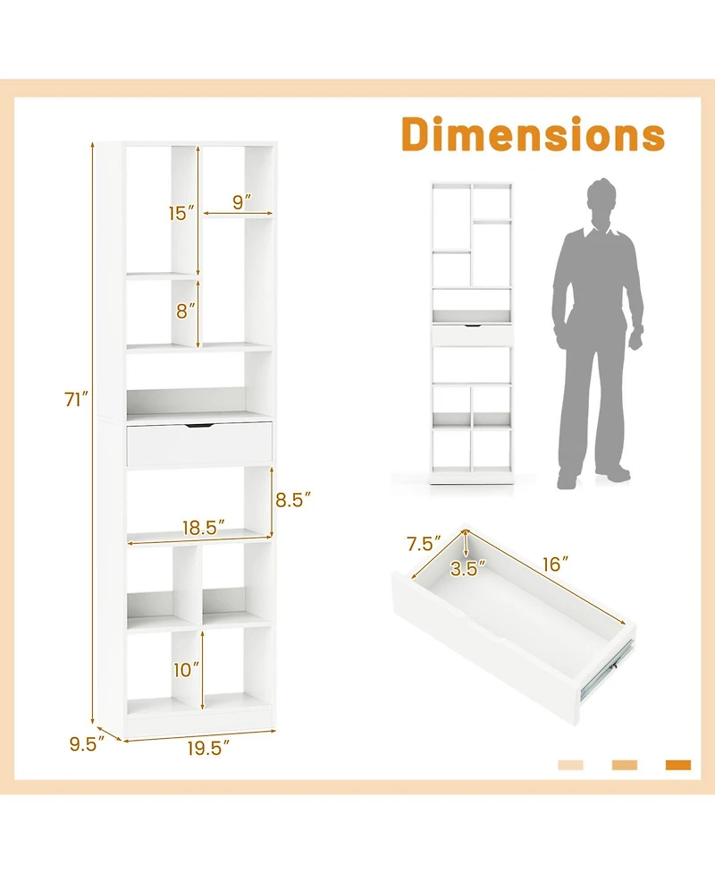 Gymax 2Pieces 71'' Tall Bookcase with Drawer Modern Bookshelf with 10 Open Cubes Display Rack