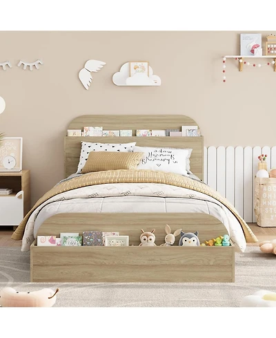 gaomon Bed Frame, Wooden Beds with Storage Headboard and Raised-Foodboard, Floor Low Platform Bed for Bedroom
