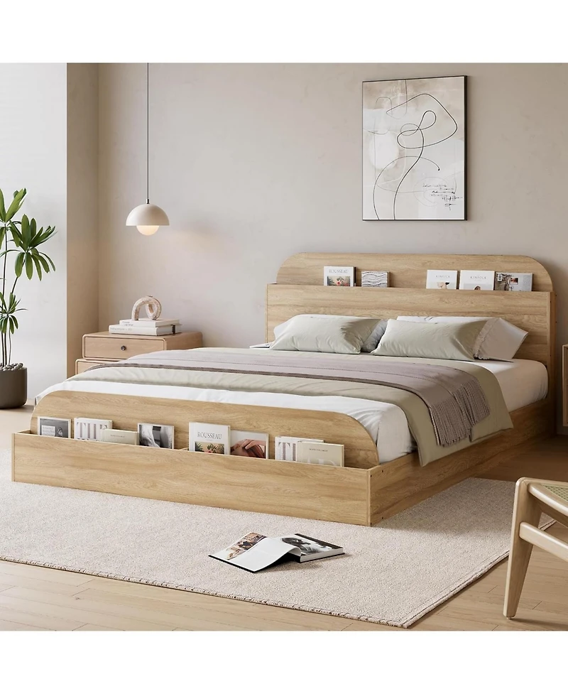 gaomon Bed Frame, Wooden Beds with Storage Headboard and Raised-Foodboard, Floor Low Platform for Bedroom