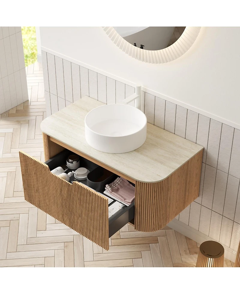 Sillysis Wall Mounted Bathroom Vanity with Sintered Stone Top, Round Ceramic Vessel Sink, Wood Grain Drawer