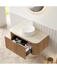 Sillysis Wall Mounted Bathroom Vanity with Sintered Stone Top, Round Ceramic Vessel Sink, Wood Grain Drawer