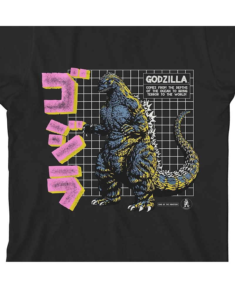 Godzilla Boys Grid & Kanji Crew Neck Short Sleeve Black T-shirt-xl