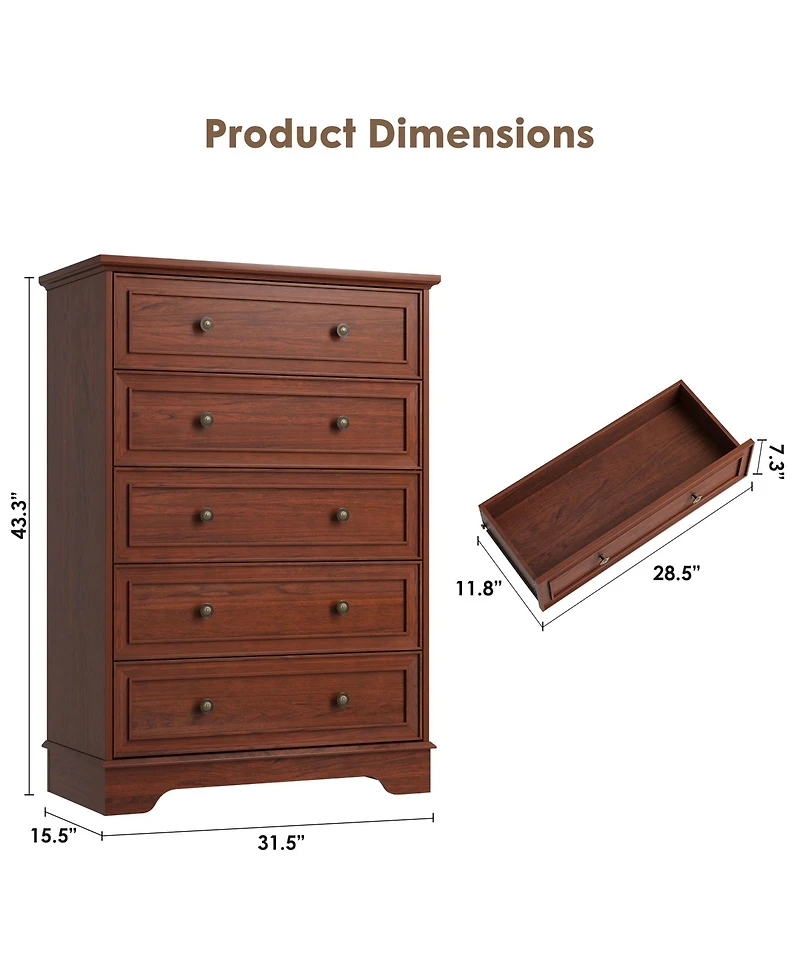 gaomon 5 Drawer Dresser for Bedroom, Vertical Chest of Drawers, Farmhouse Tall Cabinet Organizer for Living Room