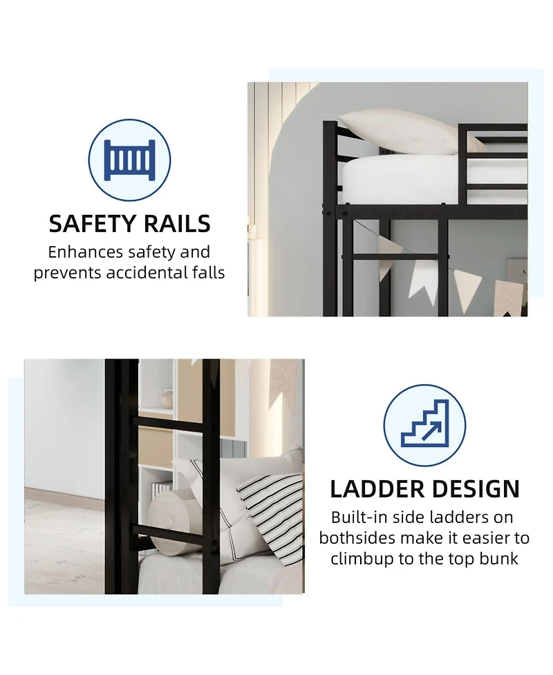 Rainsken Metal Bunk Bed Low Profile Bunkbed, with Ladder and Full-Length Guardrail, Noise Free, No Spring Box Required