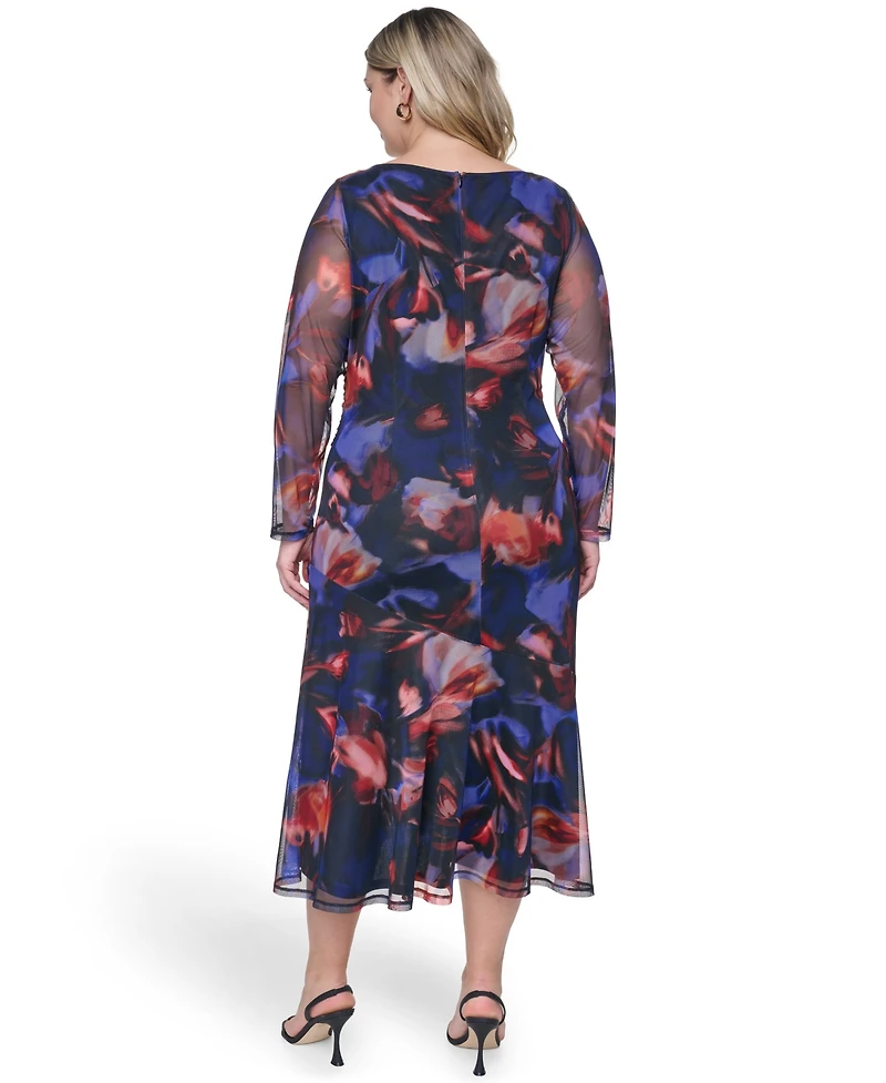 Vince Camuto Plus Printed Side Ruched Mesh Midi Dress