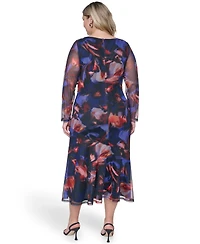 Vince Camuto Plus Printed Side Ruched Mesh Midi Dress