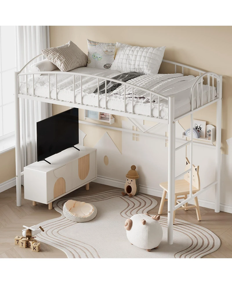 homfan Metal Loft Bed with Arched Guardrail and Ladder, Space-Saving Frame Steel Slats, No Box Spring Needed