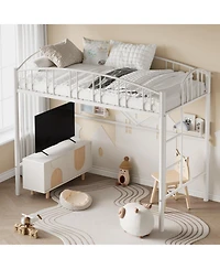 homfan Metal Loft Bed with Arched Guardrail and Ladder, Space-Saving Frame Steel Slats, No Box Spring Needed
