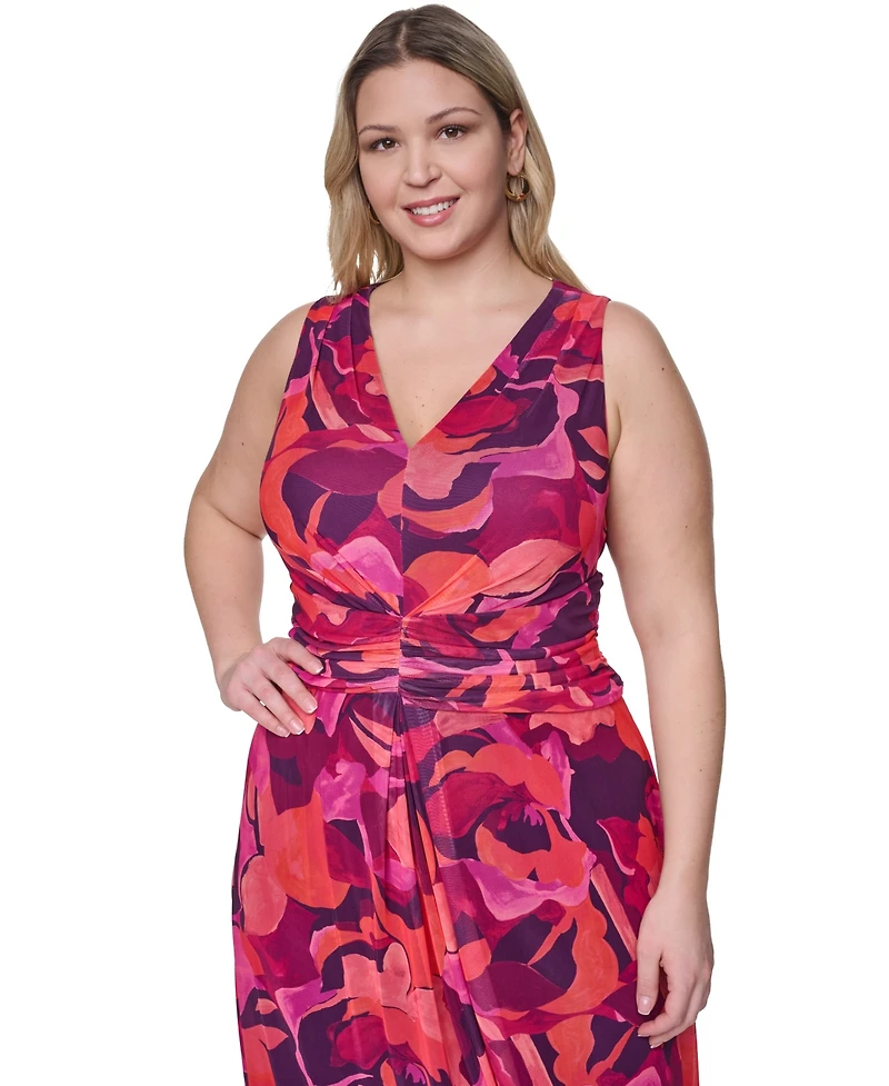 Eliza J Plus Sleeveless V-Neck Ruched Waist Midi Dress