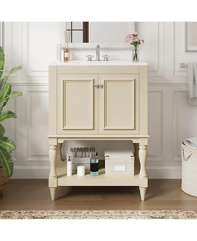 Thirtypeachy 24" Retro Palace Ceramic Sink Bathroom Vanity, Tip-Out Drawer Plus U-Shaped Open Shelf, 4" Faucet Fit