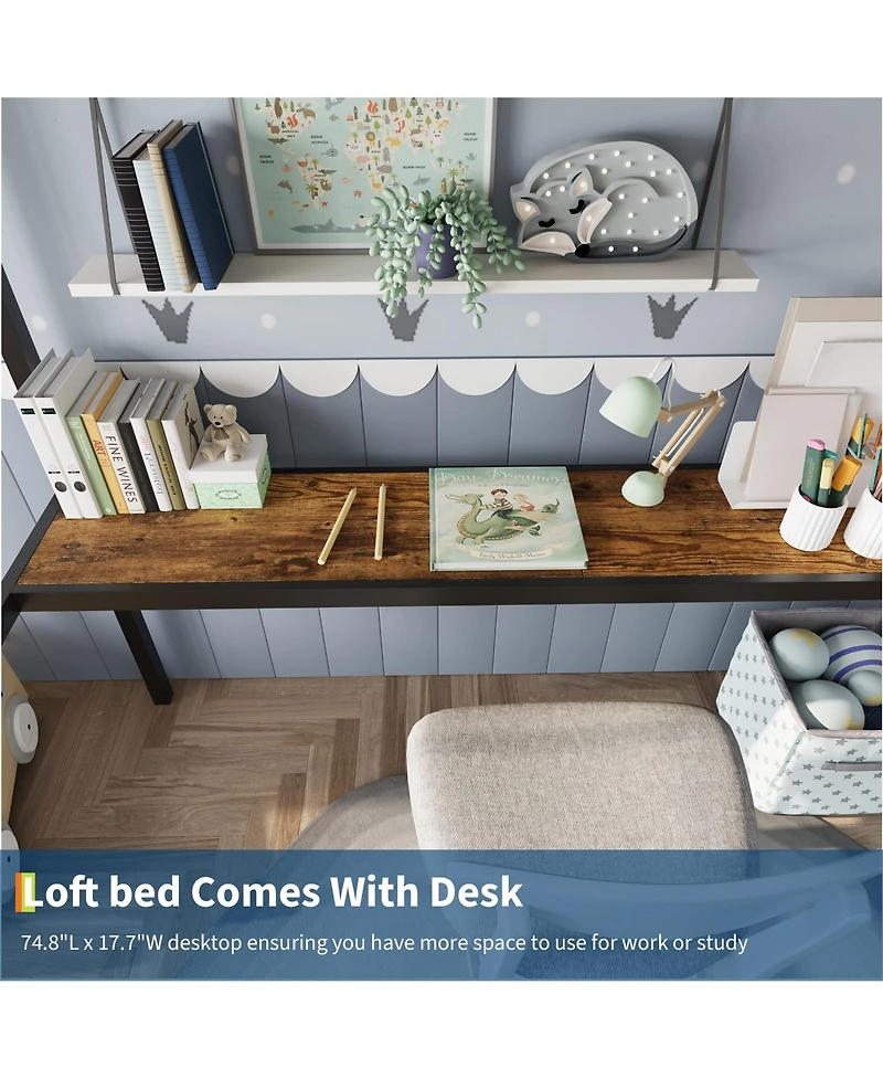 homfan Metal Twin Loft Bed with Desk and Storage Shelves, Space-Saving Frame Guardrails, Ladder Steel Slats