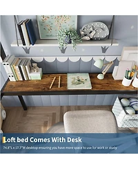 homfan Metal Twin Loft Bed with Desk and Storage Shelves, Space-Saving Frame Guardrails, Ladder Steel Slats