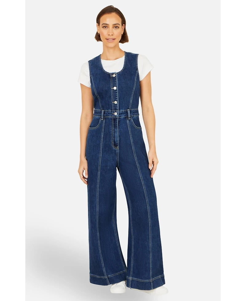 Yumi Women's Denim Stretch Fitted Jumpsuit