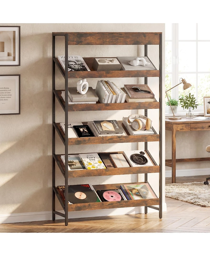 Gymax 6-Tier Bookshelf Industrial Tall Bookcase with Angled Shelves and Metal Frame
