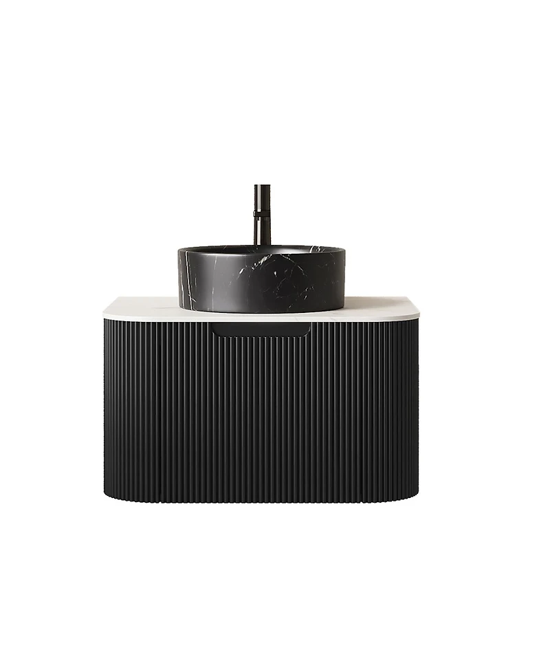 Sillysis Wall Mounted Bathroom Vanity with Sintered Stone Top, Ceramic Round Sink, Stripe Drawer
