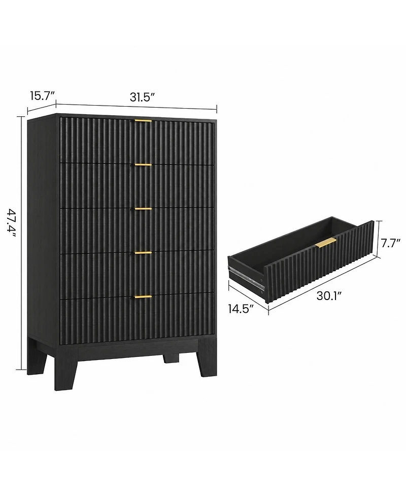 homfan 5 Drawer Dresser for Bedroom, Fluted Chest with Metal Handle, Modern Wooden Tv Stand, Clothes Storage Organizer Hallway, Entryway