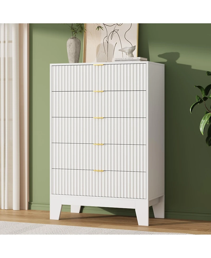 homfan 5 Drawer Dresser for Bedroom, Fluted Chest with Metal Handle, Modern Wooden Tv Stand, Clothes Storage Organizer Hallway, Entryway