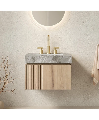 Sillysis Mounted Bathroom Vanity with Italian Sintered Stone Top, 3-Hole Ceramic Sink, Soft Close Storage Cabinet, Pre-assembled