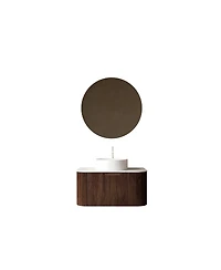 Sillysis Wall Mounted Bathroom Vanity with Sintered Stone Top, Round Ceramic Vessel Sink, Walnut Striped Drawer