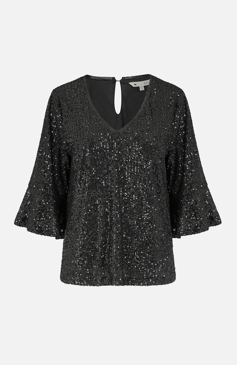 Yumi Women's Sequin V-Neck Fluted Sleeve Top