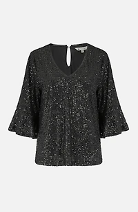 Yumi Women's Sequin V-Neck Fluted Sleeve Top