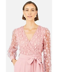Yumi Women's Sash Waist Floral Applique Wrap Jumpsuit