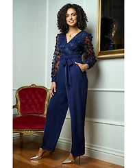 Yumi Women's Sash Waist Floral Applique Wrap Jumpsuit