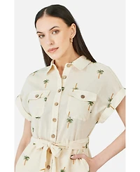 Yumi Women's Embroidered Palm Print Cotton Playsuit