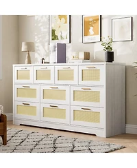 homfan 10 Drawers Dresser for Bedroom, Rattan Chest of with Spacious Tabletop and Handles, Closet Organizer Tv Stand Living Room