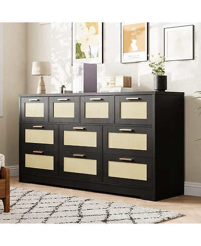 homfan 10 Drawers Dresser for Bedroom, Rattan Chest of with Spacious Tabletop and Handles, Closet Organizer Tv Stand Living Room