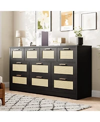 homfan 10 Drawers Dresser for Bedroom, Rattan Chest of with Spacious Tabletop and Handles, Closet Organizer Tv Stand Living Room