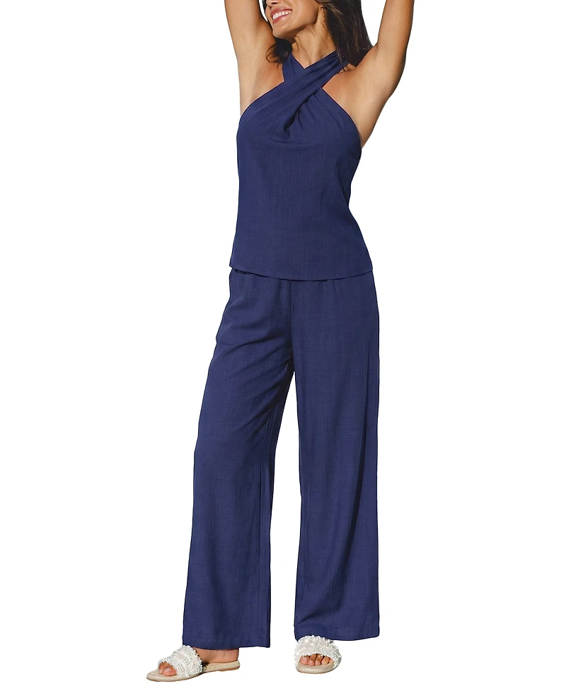 Cupshe Women's Criss-Cross Halter Neck Tank Top and High-Waisted Wide Leg Pants Outfits