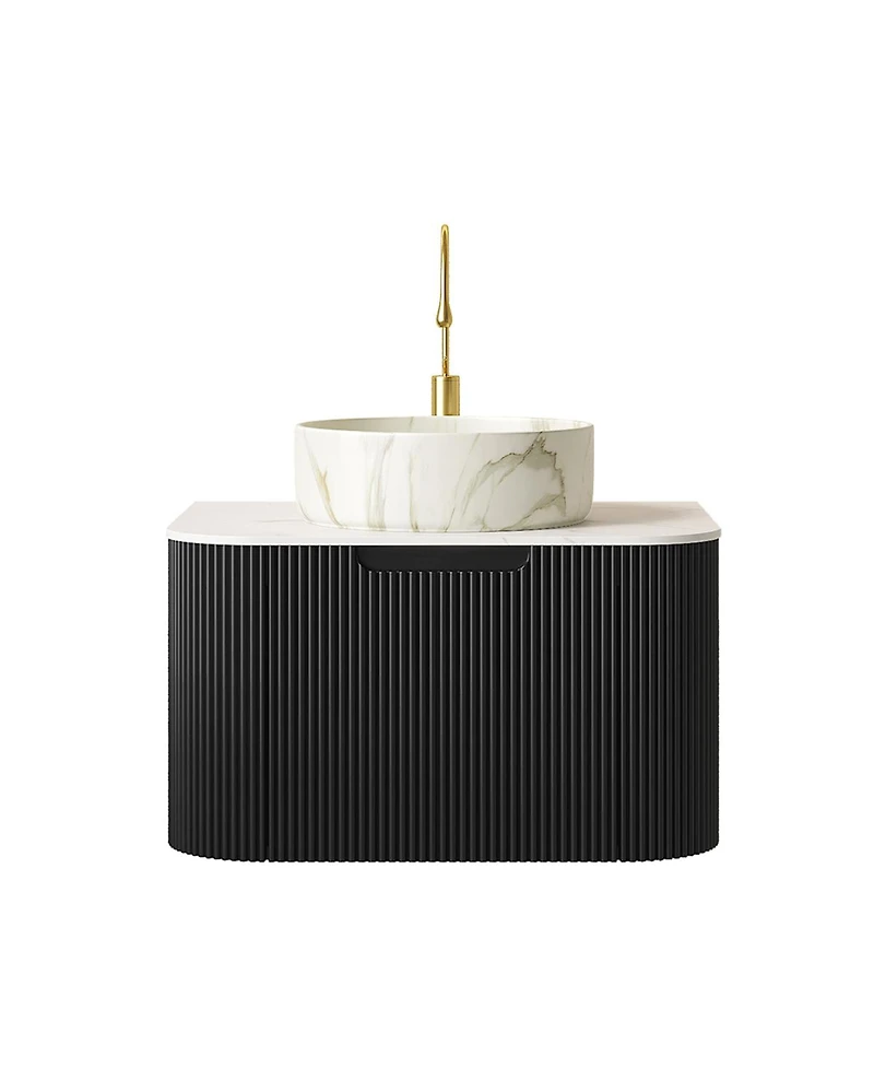 Sillysis Wall Mounted Bathroom Vanity with Carrara Sintered Stone Top, Round Ceramic Sink, Stripe Drawer