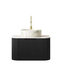 Sillysis Wall Mounted Bathroom Vanity with Carrara Sintered Stone Top, Round Ceramic Sink, Stripe Drawer