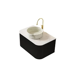 Sillysis Wall Mounted Bathroom Vanity with Carrara Sintered Stone Top, Round Ceramic Sink, Stripe Drawer