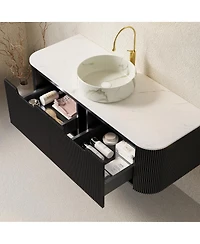Sillysis Wall Mounted Bathroom Vanity with Carrara Sintered Stone Top, Round Ceramic Sink, Stripe Drawer, Pre-assembled