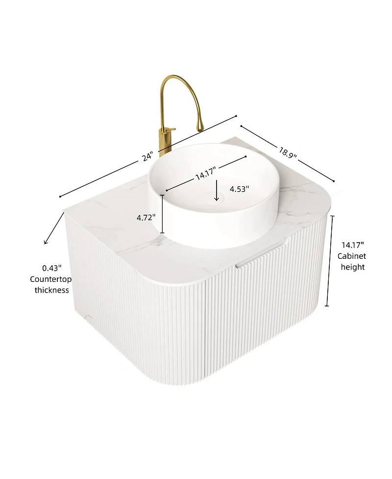 Sillysis Wall Mounted Bathroom Vanity with Sintered Stone Top, White Round Ceramic Sink, Striped Drawer