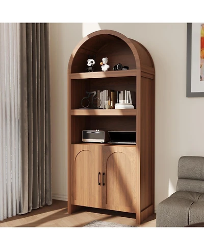 gaomon Modern Arched 71" Bookcase Cabinet - 5-Tier Wooden Pantry with Adjustable Shelves, Mid-Century Doors, Open Display for Dining Room