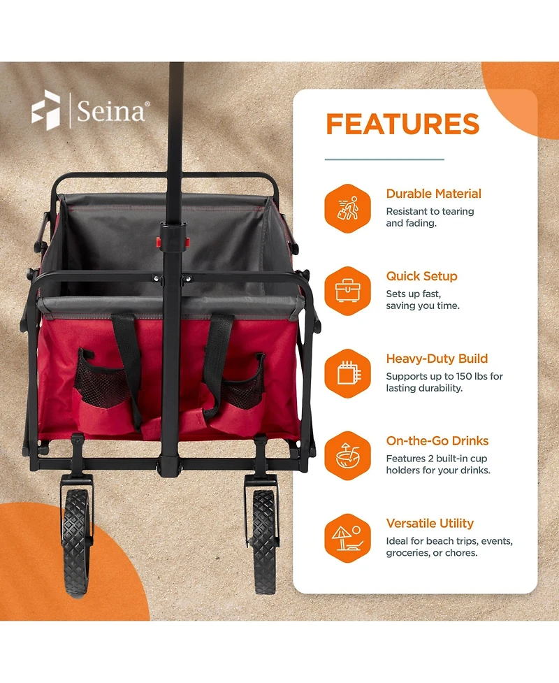 Seina 150lb Capacity Folding Collapsible Steel Utility Wagon Cart, Red/Gray