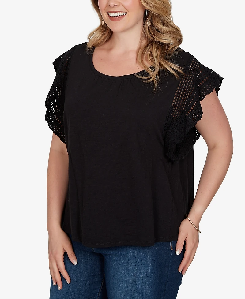 Ruby Rd. Plus Size Crochet Sleeve Solid Cotton T-Shirt