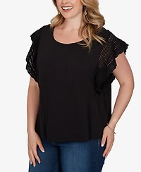 Ruby Rd. Plus Size Crochet Sleeve Solid Cotton T-Shirt