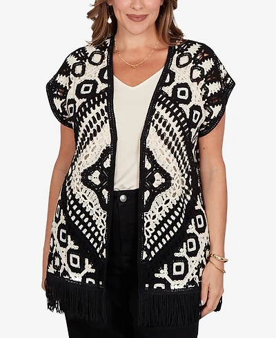 Ruby Rd. Plus Size Medallion Crochet Fringe Sleeveless Cardigan