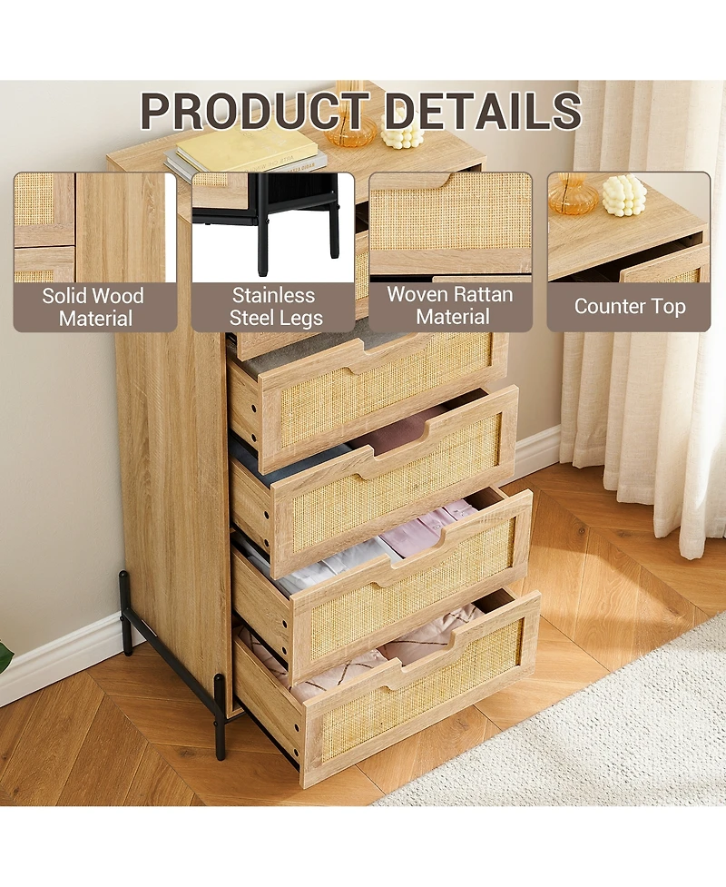 homfan Farmhouse 5-Drawer Rattan Dresser, Tall Storage Chest with Metal Legs and Wood Top for Multi-Room Use